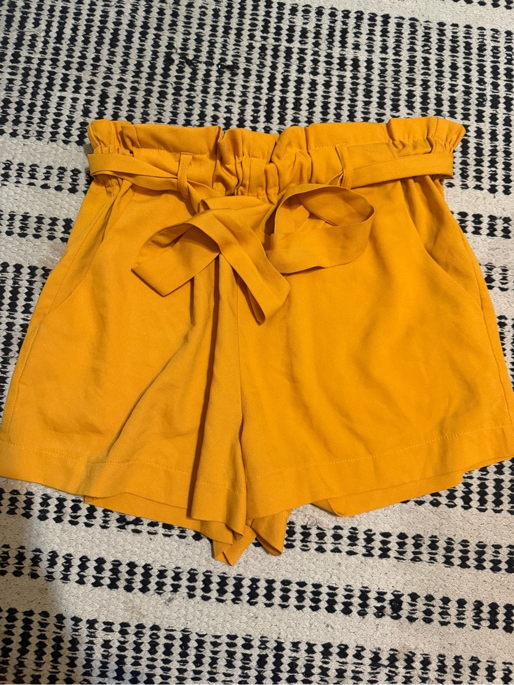 High-Waist Paperbag Shorts with Self-Tie Belt - Mustard